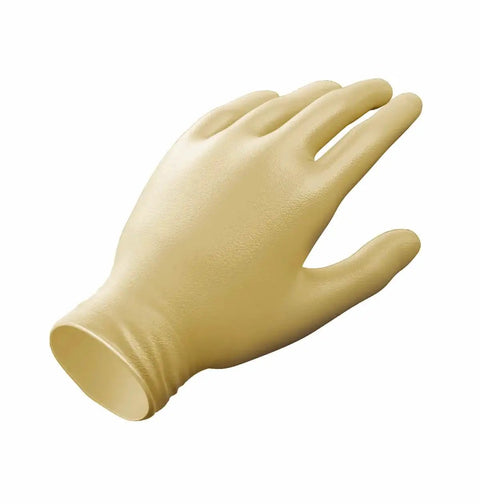 Industrial Cream Color Latex Gloves One Size Fits Most Pack Of 50 front view showing durable texture and flexibility