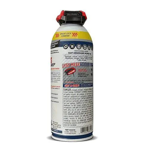 Back view of a can of Fast Acting Degreaser for Machinery and Equipment Removes Grease Oil and Grime in a Snap Industrial Strength Cleaner with Quick Evaporation No Rinse Needed Leaves Surfaces Dry and Ready for Action Great for Gears Bearings and More by LPS.