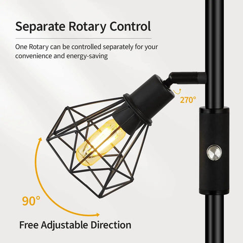 Industrial Tree Floor Lamp With Three Diamond Head Lights 1200 Lumen Edison LED Bulbs 3 Way Rotary Switch detail