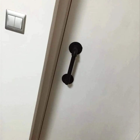 Set Of 2 Industrial Pipe Door Pull Handles And Grab Bars With Antique Rustic Cast Iron Handrails In Matte Black 12 Inch installed on door