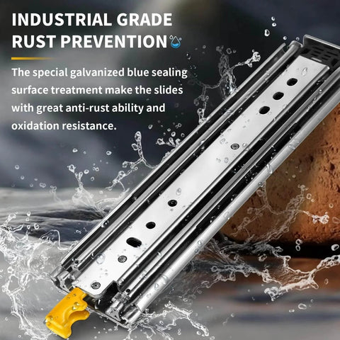 Heavy Duty Drawer Slides with Lock 300 lb full extension side mount ball bearing rust prevention close-up