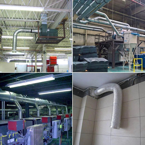 Industrial ductwork and piping installations with stainless steel hose clamps in various indoor environments.