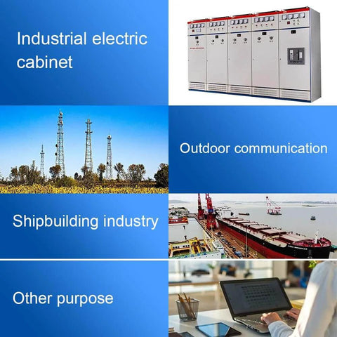Industrial settings: electric cabinet, outdoor communication, shipbuilding industry, and office workspace with laptop.