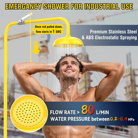 Emergency Shower And Eyewash Station Industrial Grade With OSHA Approval And ANSI Z358.1 2014 Compliance 304 Stainless Steel Construction With Yellow ABS Coating First Aid Shower Combination Kit And Emergency Sign For Construction Labs in use by a person showering outdoors.