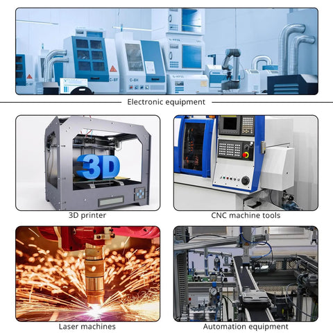 Collage showing electronic equipment, 3D printer, CNC machine tools, laser machines, and automation equipment