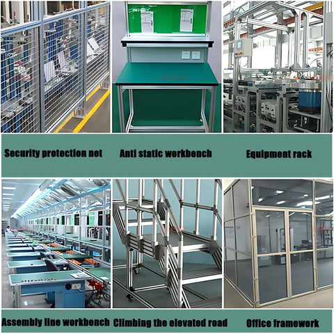 Collage of industrial setups including security nets, workbenches, equipment racks, elevated paths, and office frameworks.
