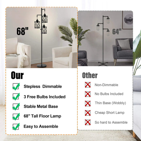 Comparison of 68" and 64" floor lamps showcasing stepless dimmable Three 6W LED Bulbs Dimmable Farmhouse Floor Lamp With Industrial Rustic Style.