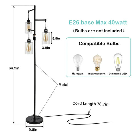 Diagram of Industrial Floor Lamp With Dimmable On Off Switch Three Head Rustic Tree Style Standing Lamp with measurements and bulb types.