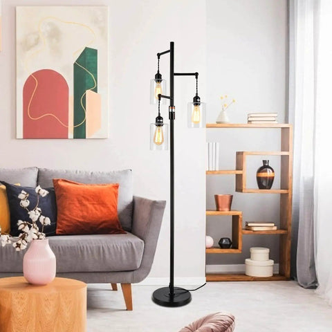 Industrial Floor Lamp With Dimmable On Off Switch Three Head Rustic Tree Style Standing Lamp For Living Room Reading Office And Bedroom Black Edison Bulb Compatible 40W Retro Tall Glass Floor Light Must Have For Any Space in modern living room.