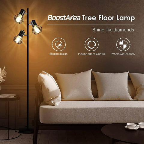 Industrial Floor Lamp With 3 Adjustable Cage Heads And Independent Control Black Standing Lamp For Living Room And Bedroom Rustic Farmhouse Style E26 Sockets Bulbs Not Included.