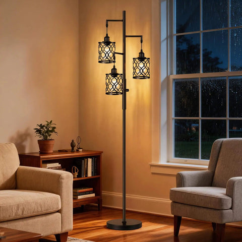 Three 6W LED Bulbs Dimmable Farmhouse Floor Lamp With Industrial Rustic Style Standing Light in a cozy living room setting