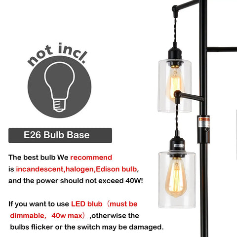 Industrial Floor Lamp With Dimmable On Off Switch Three Head Rustic Tree Style Standing Lamp For Living Room Reading Office And Bedroom Black Edison Bulb Compatible 40W Retro Tall Glass Floor Light Must Have For Any Space with E26 bulb base and glass shade close-up