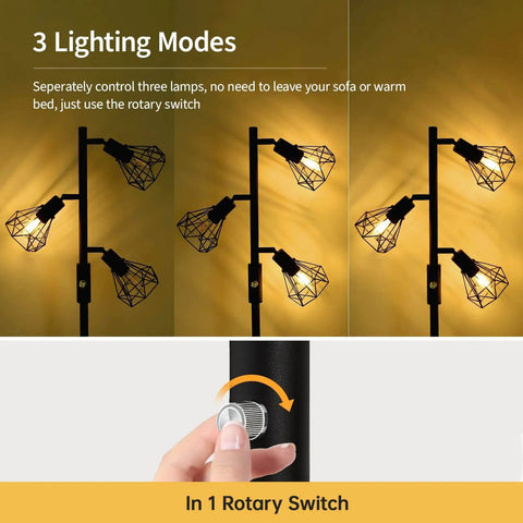 Industrial Tree Floor Lamp With Three Diamond Head Lights 1200 Lumen Edison LED Bulbs 3 Way Rotary Switch Modern Farmhouse Standing Lamp
