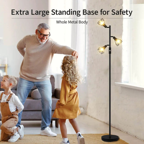 Industrial Tree Floor Lamp With Three Diamond Head Lights 1200 Lumen Edison LED Bulbs in living room setting with family