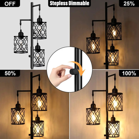 Three 6W LED Bulbs Dimmable Farmhouse Floor Lamp With Industrial Rustic Style Standing Light For Living Room Bedroom Or Office 68 Inches Tall Stepless Dimming Rotary Switch shown in various dimming stages.