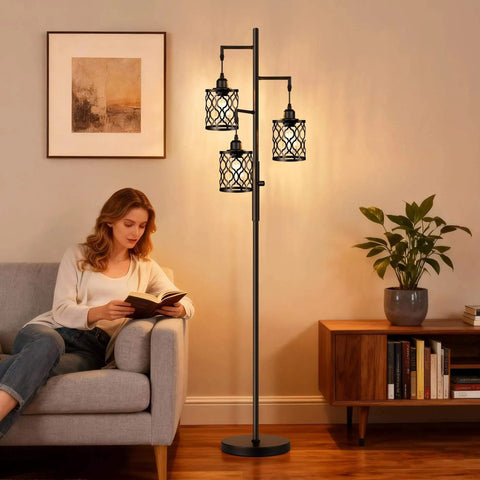 Three 6W LED Bulbs Dimmable Farmhouse Floor Lamp With Industrial Rustic Style Standing Light in living room scene