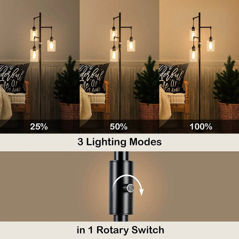 Industrial Floor Lamp With Dimmable On Off Switch Three Head Rustic Tree Style Standing Lamp For Living Room Reading Office And Bedroom Black Edison Bulb Compatible 40W Retro Tall Glass Floor Light Must Have For Any Space with dimmer switch and three lighting modes.