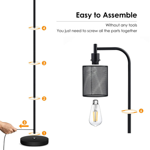 Step-by-step assembly of Industrial Floor Lamp With Hanging Iron Mesh Shade And Foot Switch, 6W LED Bulb included