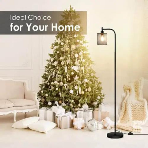 Industrial Floor Lamp With Hanging Iron Mesh Shade And Foot Switch, 6W LED Bulb, All Metal Farmhouse Standing Lamp next to a Christmas tree