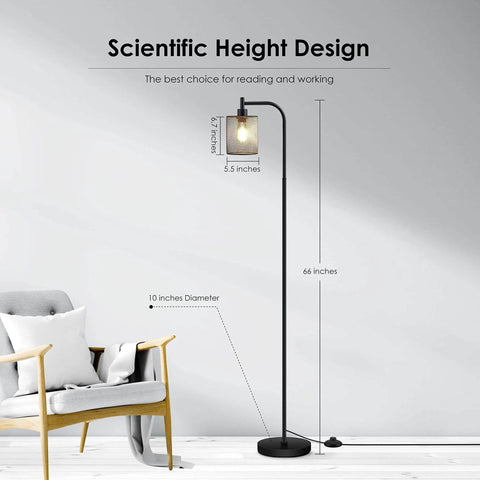 Industrial Floor Lamp With Hanging Iron Mesh Shade And Foot Switch, 6W LED Bulb, All Metal Farmhouse Standing Lamp next to chair