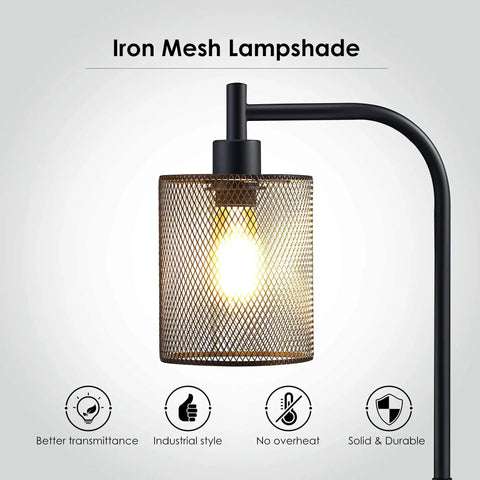 Industrial Floor Lamp With Hanging Iron Mesh Shade And Foot Switch, 6W LED Bulb, All Metal Farmhouse Standing Lamp, close-up view