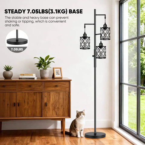 Three 6W LED Bulbs Dimmable Farmhouse Floor Lamp With Industrial Rustic Style Standing Light For Living Room Bedroom Or Office 68 Inches Tall Stepless Dimming Rotary Switch