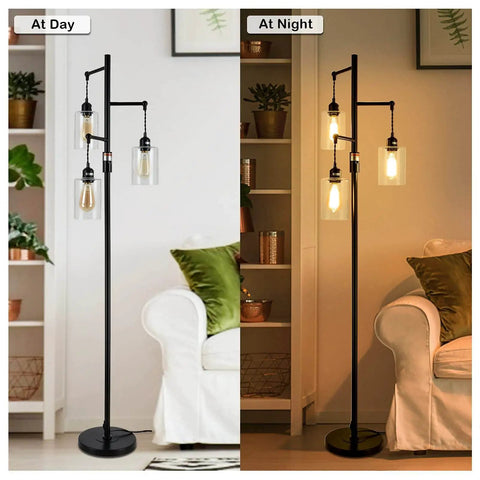 Industrial Floor Lamp With Dimmable On Off Switch Three Head Rustic Tree Style Standing Lamp For Living Room Reading Office And Bedroom Black Edison Bulb Compatible 40W Retro Tall Glass Floor Light Must Have For Any Space.