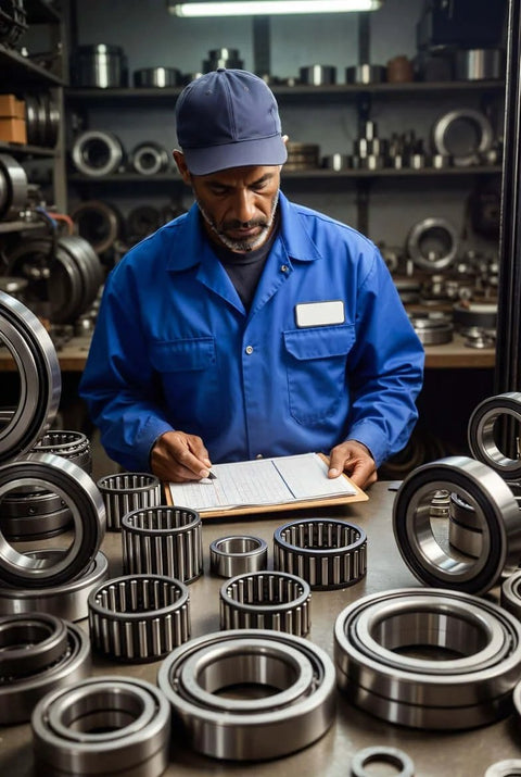 Worker inspecting forklift mast bearing roller GU14K2010 heavy duty replacement in workshop with various bearing parts.