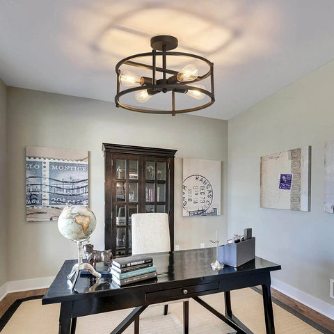 Industrial Semi Flush Mount Ceiling Light Four Light Rustic Metal Fixture In Matte Black installed in home office