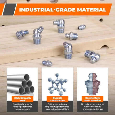 Complete 100 Piece Grease Fittings Assortment Kit With 18 SAE And Metric Zerk Fittings displayed on wooden surface