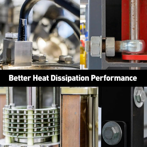 Industrial machinery components showcasing bolts and pipes with text stating better heat dissipation performance.