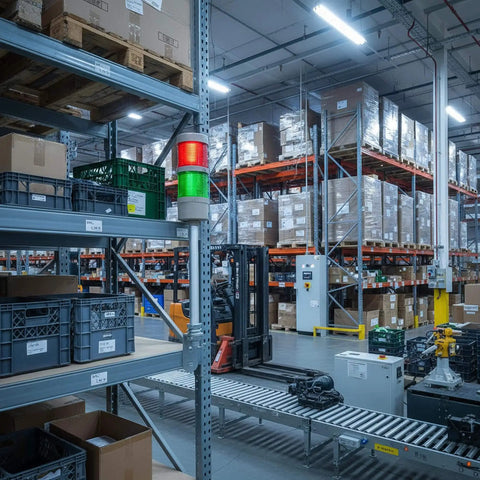 Two-Stack LED Andon Tower Signal Light With Buzzer For Industrial Lines in warehouse, red and green signal lights visible.