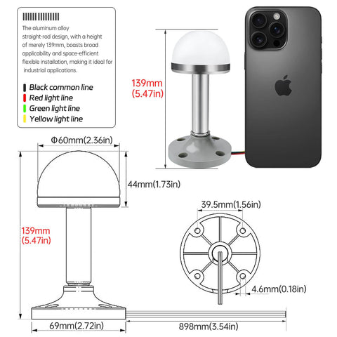 Rugged Industrial Stainless Steel Signal Light Tower With Aluminum Tube Column 24V DC AC LED Beacon Three Colors One Layer Built Tough For Factory Floor Install Easy Mount, size and dimensions shown next to smartphone for scale.