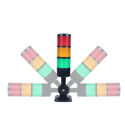 Front view of Industrial Led Signal Tower Light 3 Tier Stack with rotatable base buzzer 90dB alarm, steady or flashing modes.