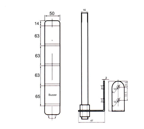 Technical drawing of Industrial Signal Light Tower LED Indicator With Red Green Yellow Lights LTA 502 LED Buzzer Flash Alarm Light Round Warning Light DC 12V 2W Metal And Plastic Construction Includes Mounting Bracket For Industrial Use, showing dimensions and mounting bracket.