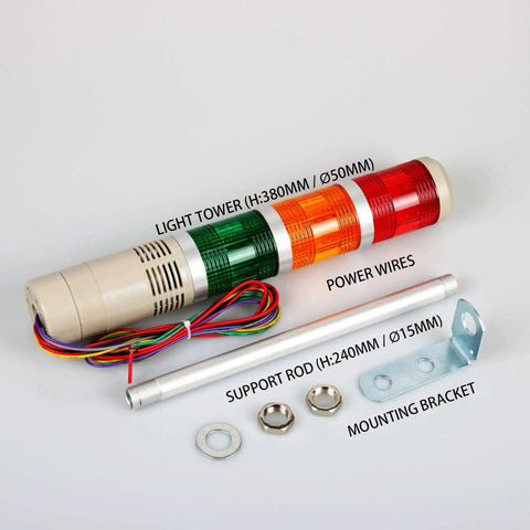 Industrial Signal Tower With LED Stack Lights And Built In Buzzer For Quick Warning And Safety 3 Layer Red Yellow Green LED Rings DC 12V Power Sound On And Steady Operation The Go To Setup For Industrial Machinery Luban, shown with power wires, support rod, and mounting bracket.