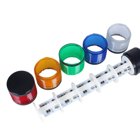 Industrial LED Signal Tower Lights With Rotatable Base and 5 Tier Stack Lamps, lenses and base components, disassembled view.