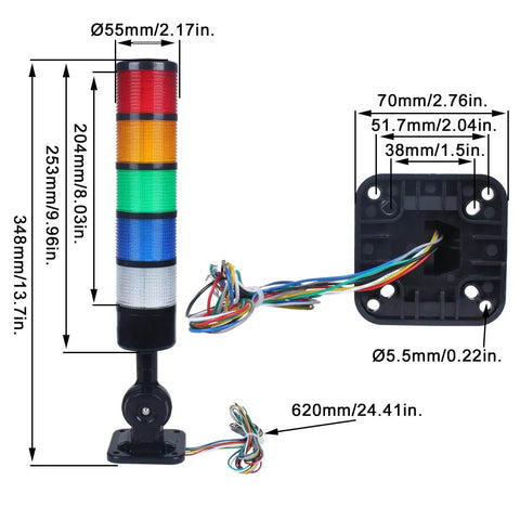 Industrial LED Signal Tower Lights With Rotatable Base and 5 Tier Stack Lamps, 110V 220V AC, Steady Or Flashing Modes, Built In 90 dB Buzzer, High Visibility Long Life LEDs, Black Finish, LUBAN, with size measurements