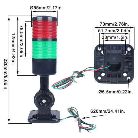 Industrial LED Signal Tower Light With Rotatable Base And Built In Buzzer Two Layer Stack Lamp with dimensions shown