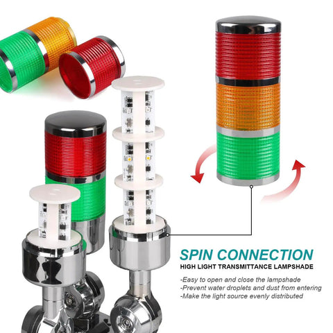 Workhorse 12-24V LED Stack Tower Lights With Buzzer showing two-tier column, prism-cut PC lampshade, and spin connection.