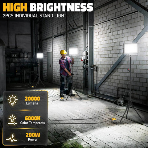 Heavy Duty 10000LM LED Work Light With Stand For Dewalt 20V Battery Not Included 100W Portable Tower Flood Light On Tripod With 13Ft Cord For Workshop Construction Outdoor Job Site Lighting shown illuminating a construction site.