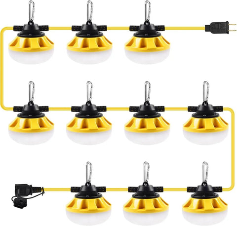Industrial Grade LED Construction String Lights For Job Sites 100 Ft 10 Bulbs 10000LM Output Weatherproof, yellow casing