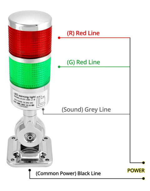 Industrial 12-24V LED Stack Tower Light With Buzzer, 2-Stage Beacons, 360 Degree Prism Lens, IP54, NEMA 5 Rated, front view