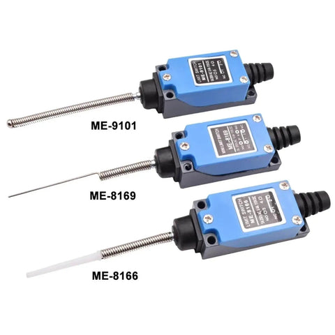 Three momentary limit switches for industrial machinery, 5A 220V, models ME-9101, ME-8169, ME-8166, with sealed rotary rollers