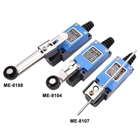 Three types of momentary limit switches for industrial machinery, showcasing sealed rotary roller lever designs, 5A 220V.