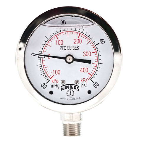 Winters 2-1/2 in liquid-filled pressure gauge, stainless steel case, bottom 1/4 in NPT, dual psi/kPa with vacuum scale.