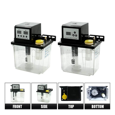 Industrial Automatic Lube Pump System with 1L or 2L tank, dual voltage AC 110V 220V, oil filter, magnetic output, front and side views
