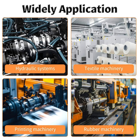 Collage of industrial settings showcasing hydraulic, textile, printing, and rubber machinery applications for sleeve bearings.