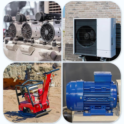 Collage of industrial equipment: air compressor units, wall-mounted HVAC unit, red compactor machine, and electric motor.