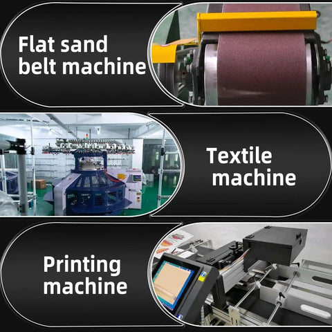 Collage showing flat sand belt, textile, and printing machines in an industrial setting.